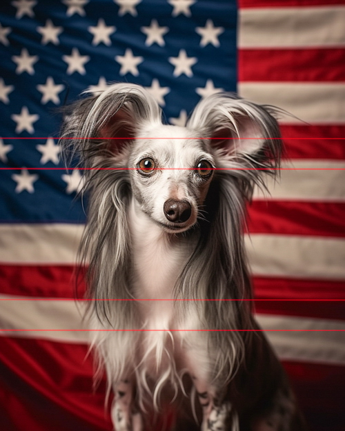 A chinese crested dog with a dramatic hairdo stands in front of an american flag, with its fur and the flag’s stripes flowing similarly. the dog gazes directly at the viewer, its ears perked up and eyes alert.
