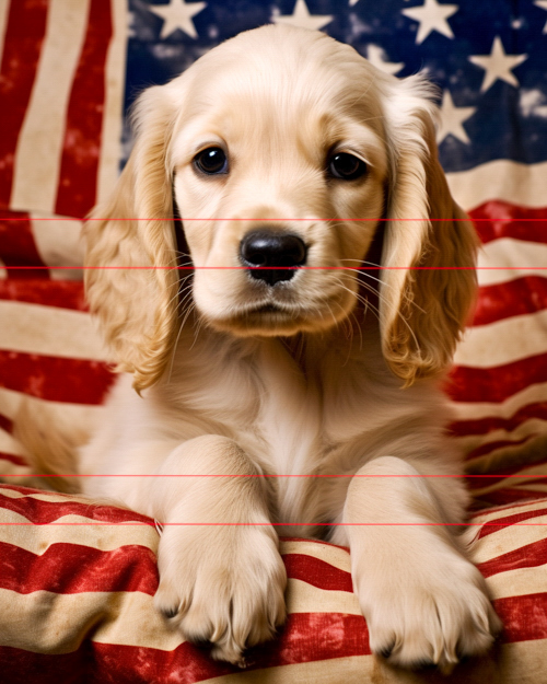 a golden-colored Cocker Spaniel puppy with a soft, wavy coat, seated against a backdrop of an American flag