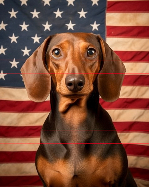 A brown smooth coated dachshund dog sitting in front of an american flag, looking directly at the viewer with big, expressive eyes. the pattern of the flag forms a bold background of red and white stripes with blue and white stars.