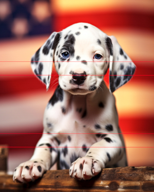 A dalmatian puppy with distinct black spots sits in front of an out-of-focus american flag background, peering directly at the viewer with a gentle expression, positioned between wooden slats