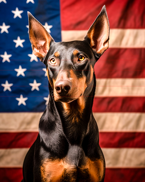 A doberman pinscher in a sharp, attentive pose in front of an out-of-focus american flag. the dog features pronounced, pointed ears and a glossy black coat with rust-colored markings on its face and chest.