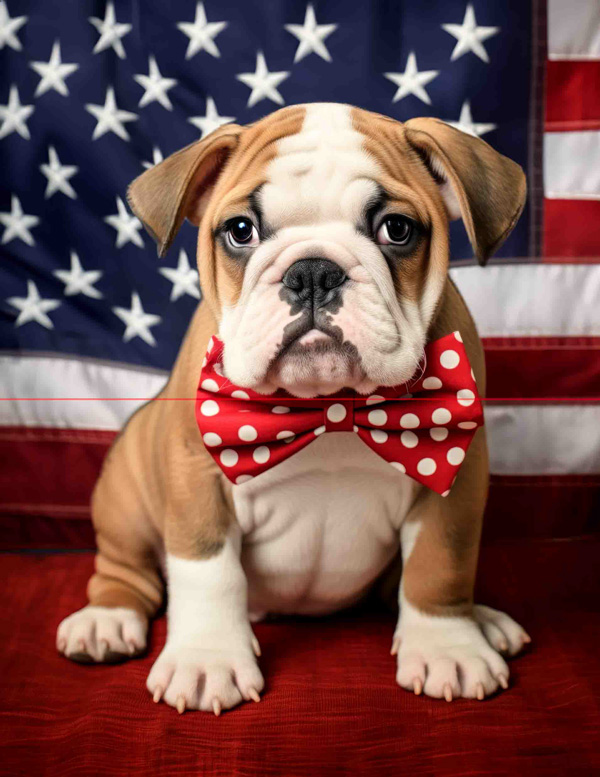 A picture of a cute english bulldog puppy sits in front of an american flag, wearing a large red bow tie with white polka dots. the puppy has a wrinkled, expressive face and looks directly at the viewer.