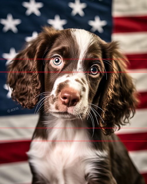 A close-up photo of a brown and white English Springer Spaniel puppy with expressive eyes and floppy ears sitting in front of an american flag, giving a curious and attentive look to the viewer.