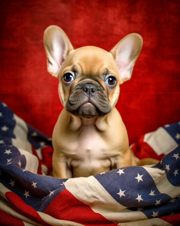 A picture of a fawn french bulldog puppy sits in front of an american flag, looking directly at the viewer with an attentive expression, showcasing large bat-like ears and a wrinkled face.