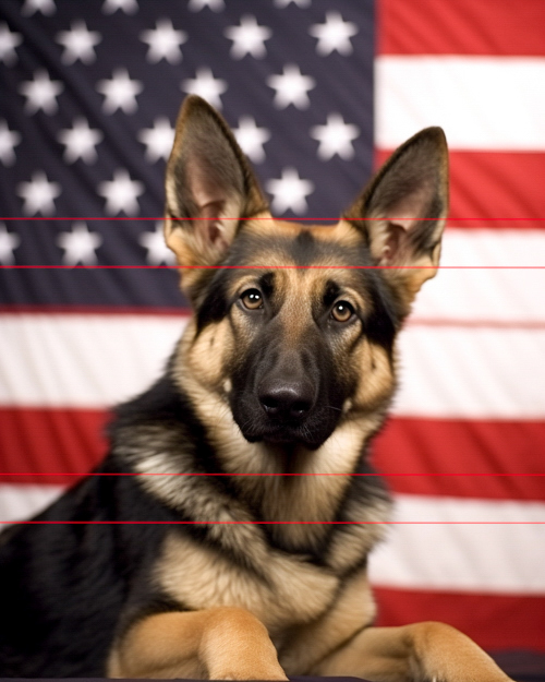A german shepherd dog sits in front of an american flag background, looking directly at the viewer. the dog's ears are perked up and its expression is calm and beseaching