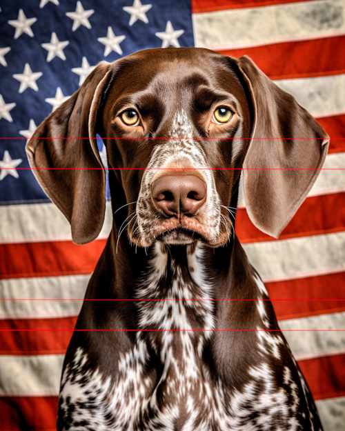 A close-up portrait of a german shorthaired pointer dog with a calm expression, sitting in front of an american flag. the dog's coat is brown and white, and its eyes are captivating.