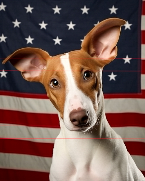 A portrait of an Ibizan Hound with large, pointed ears that stand out prominently, short haired white and tan coat,  an attentive gaze and a slight head tilt, with a background of an american flag