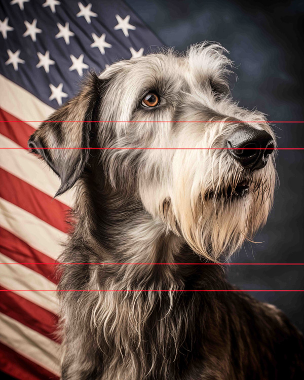 A picture of a close-up photo of a scruffy, large-eared Irish Wolfhound with amber eyes, sitting in front of an american flag, a coat mostly gray, as it gazes in the same direction of the flag