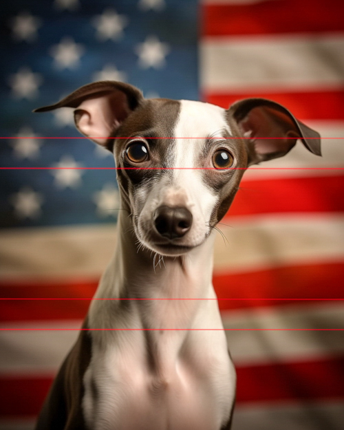 A close-up portrait of a slender italian greyhound with distinct, large floppy ears and big expressive eyes, set against an out-of-focus american flag background. The dog's coat is predominantly white with grey markings around its eyes and ears.