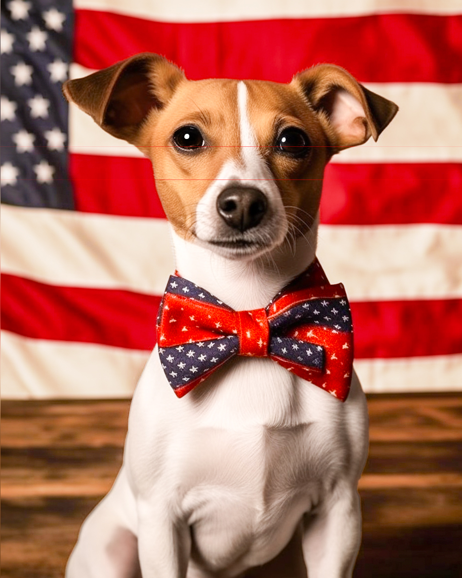 A picture of a Jack Russell Terrier, a small, alert dog with prominent ears, a brown and white coat sits in front of an american flag, wearing a red, white and blue bowtie.