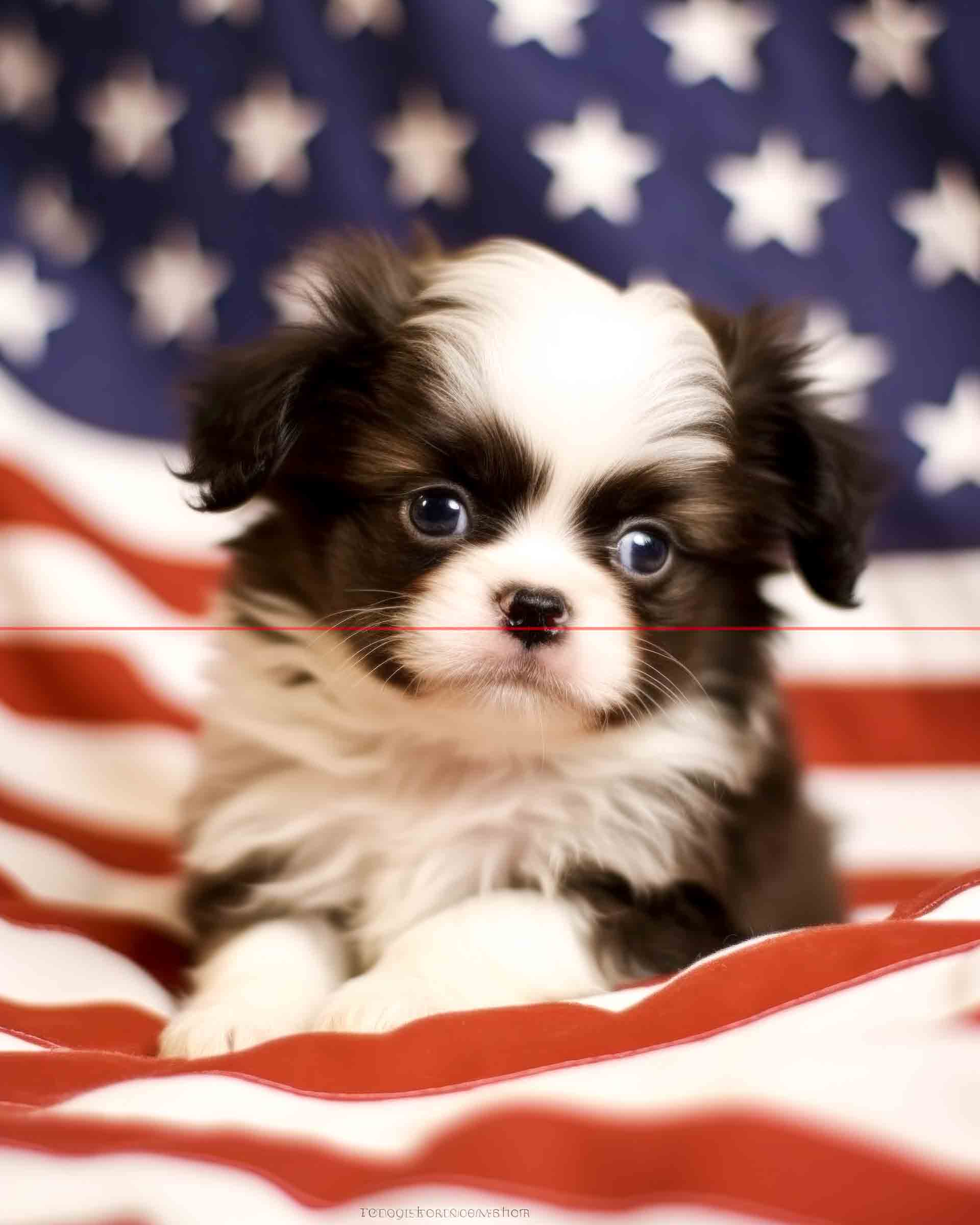 A picture of a japanese chin dog in front of an american flag adding a patriotic touch to the image, the dog has black and white fur, dark eyes, and a sweet expression