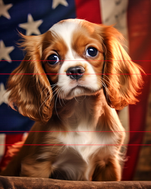 A cavalier king charles spaniel puppy with glossy chestnut and white fur sitting in front of an american flag, looking slightly to the side with large, expressive eyes.