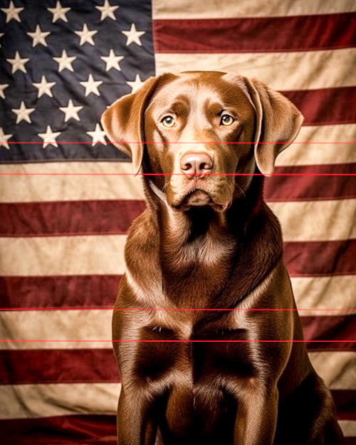 A chocolate labrador retriever sits in front of an american flag, looking directly at the viewer with a serious expression, the flag provides a striped red and white background with stars on the upper left.