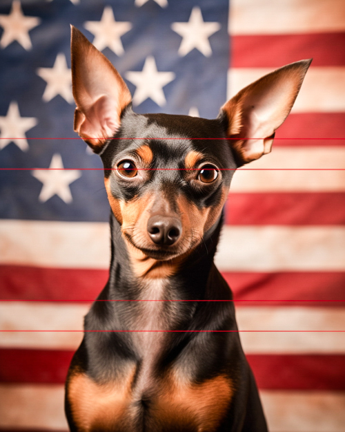 A close-up portrait of a black and tan miniature pinscher with perked-up ears and an alert expression, positioned against a backdrop of an american flag with horizontal red and white stripes and stars.