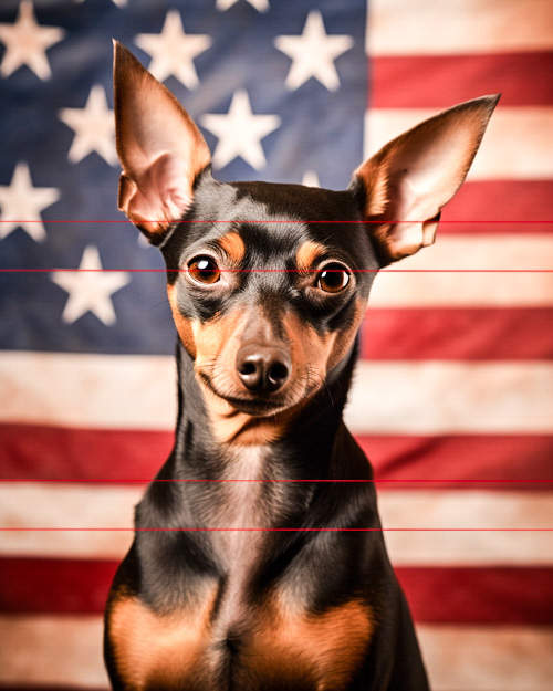 A picture of a close-up portrait of a black and tan miniature pinscher with perked-up ears and an alert expression, positioned against a backdrop of an american flag with horizontal red and white stripes and stars.