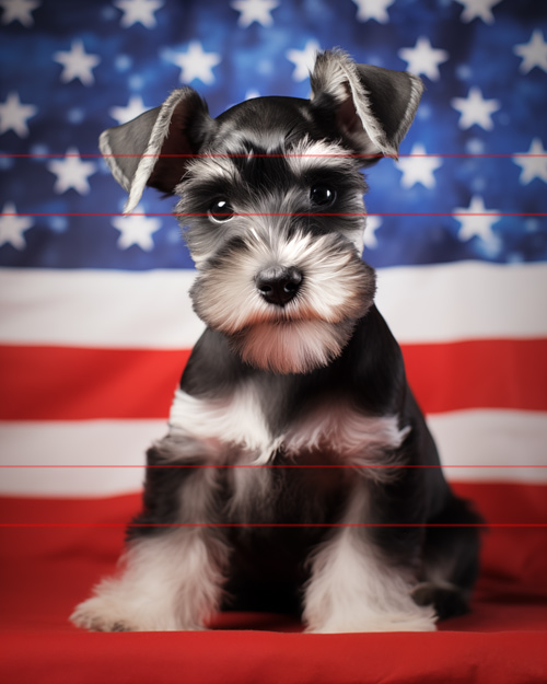A picture of a small schnauzer puppy sits in front of an American flag backdrop, looking directly at the viewer with its ears perked up and a curious expression. Its black and silver fur is neatly groomed.