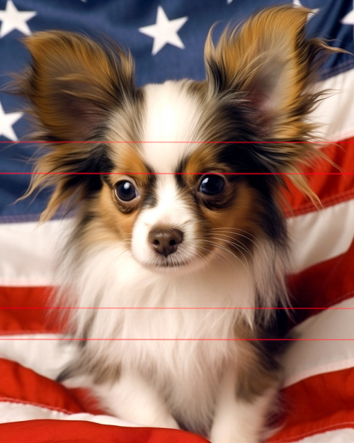 A small, long-haired papillon dog with large, fluffy ears and a multicolor coat, sitting in front of an american flag with stars and stripes. the dog with an adorable expression.