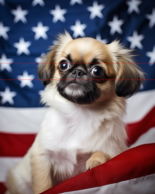 A picture of a fluffy pekinese with a long tri-color coat and black mask, small black nose, sits in front of an american flag backdrop. Brightly lit dark protruding eyes look slightly askance in an alert yet peaceful expression.
