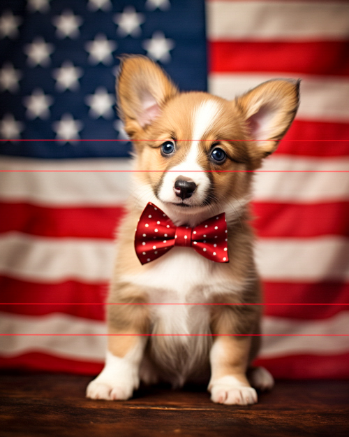 A small welsh corgi puppy with a red bow tie sits in front of an american flag. the puppy has distinct brown, white, and tan markings, with perky ears and a curious expression.
