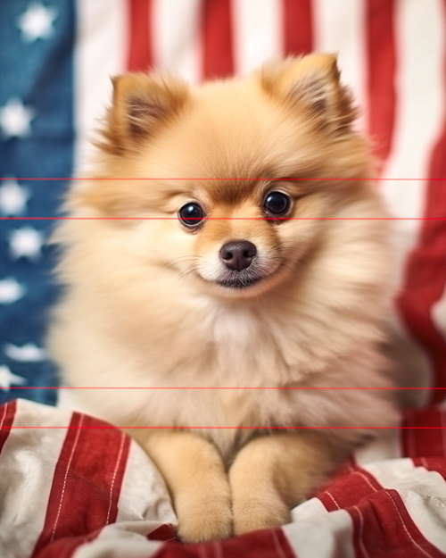 A fluffy white pomeranian in front of an american flag, looking directly at the viewer with a soft, playful expression, the flag's stars and stripes blur slightly in the background.