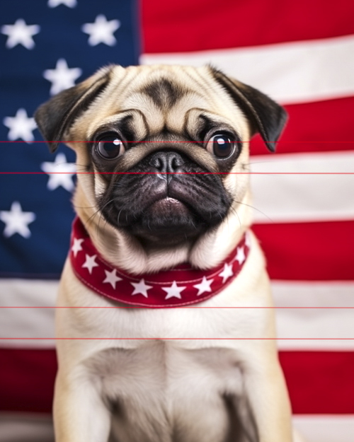 A pug wearing a red bandana with white stars sits in front of an american flag with large black eyes and a sweet alert expression, proud to be an American