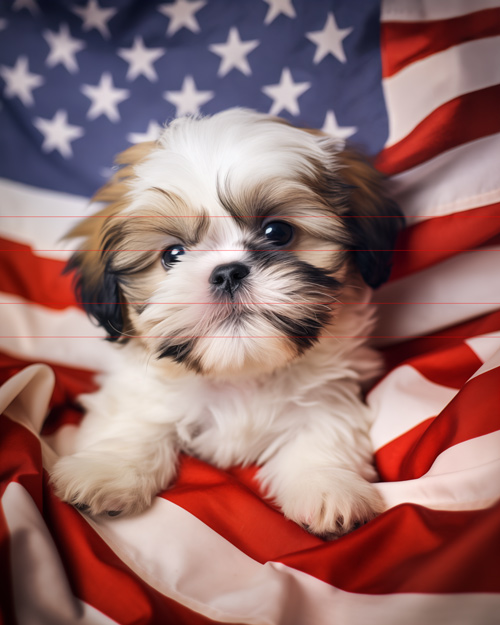 Shih Tzu A small, fluffy puppy with white and brown fur sits on a draped American flag. The puppy looks directly at the viewer with big, dark eyes and a soft, black nose. The background and the flag's stars and stripes are clearly visible, creating a patriotic setting for the adorable Shih Tzu.