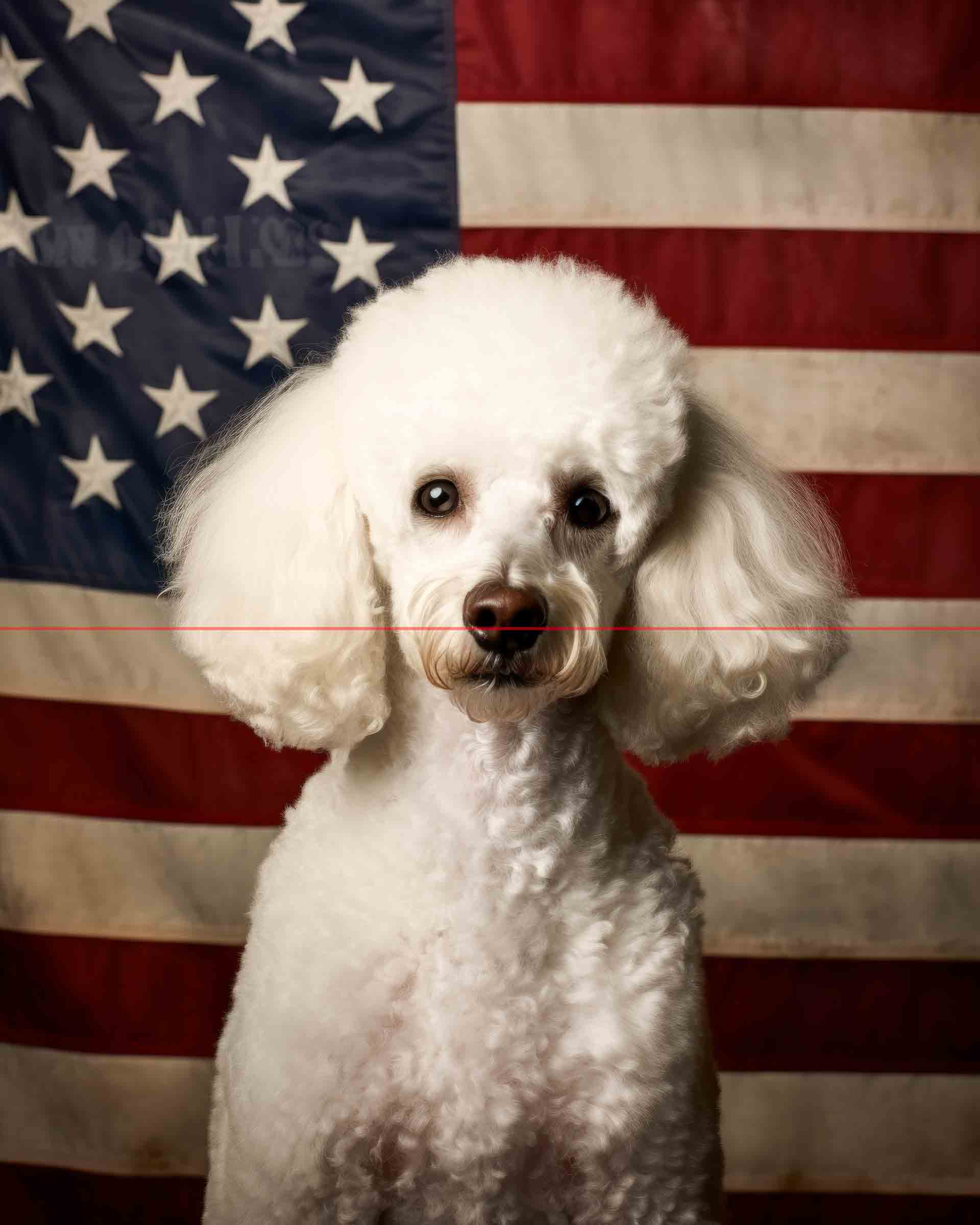 A white toy poodle with a fluffy coat and iconic groom sits in front of an american flag, looking directly at the viewer with an attentive expression.