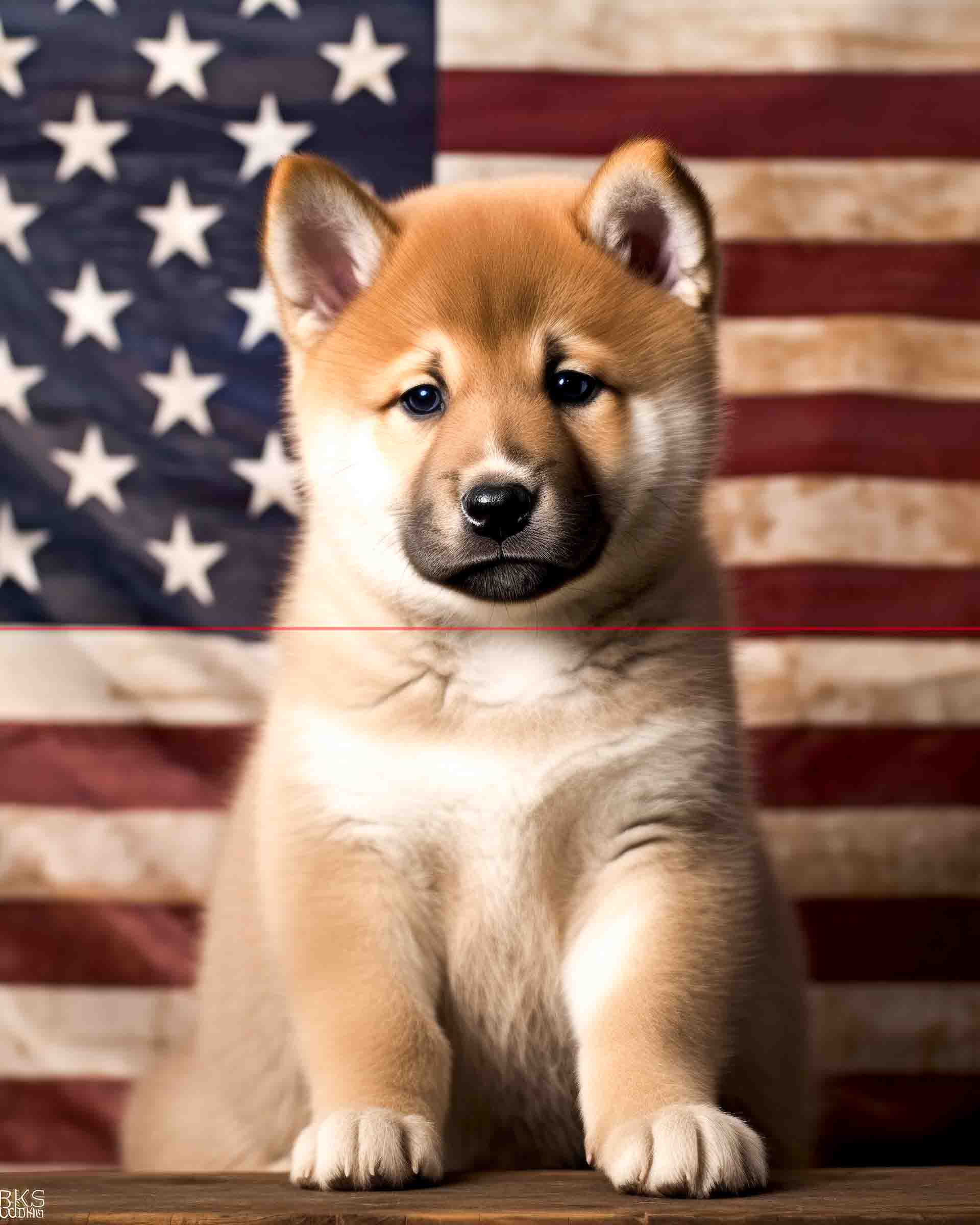 A shiba inu puppy sits in front of an american flag, looking directly at the viewer. The puppy has a thick dense fluffy reddish-brown and white coat, perky ears, and a soft, alert expression. The background features a vintage American flag.
