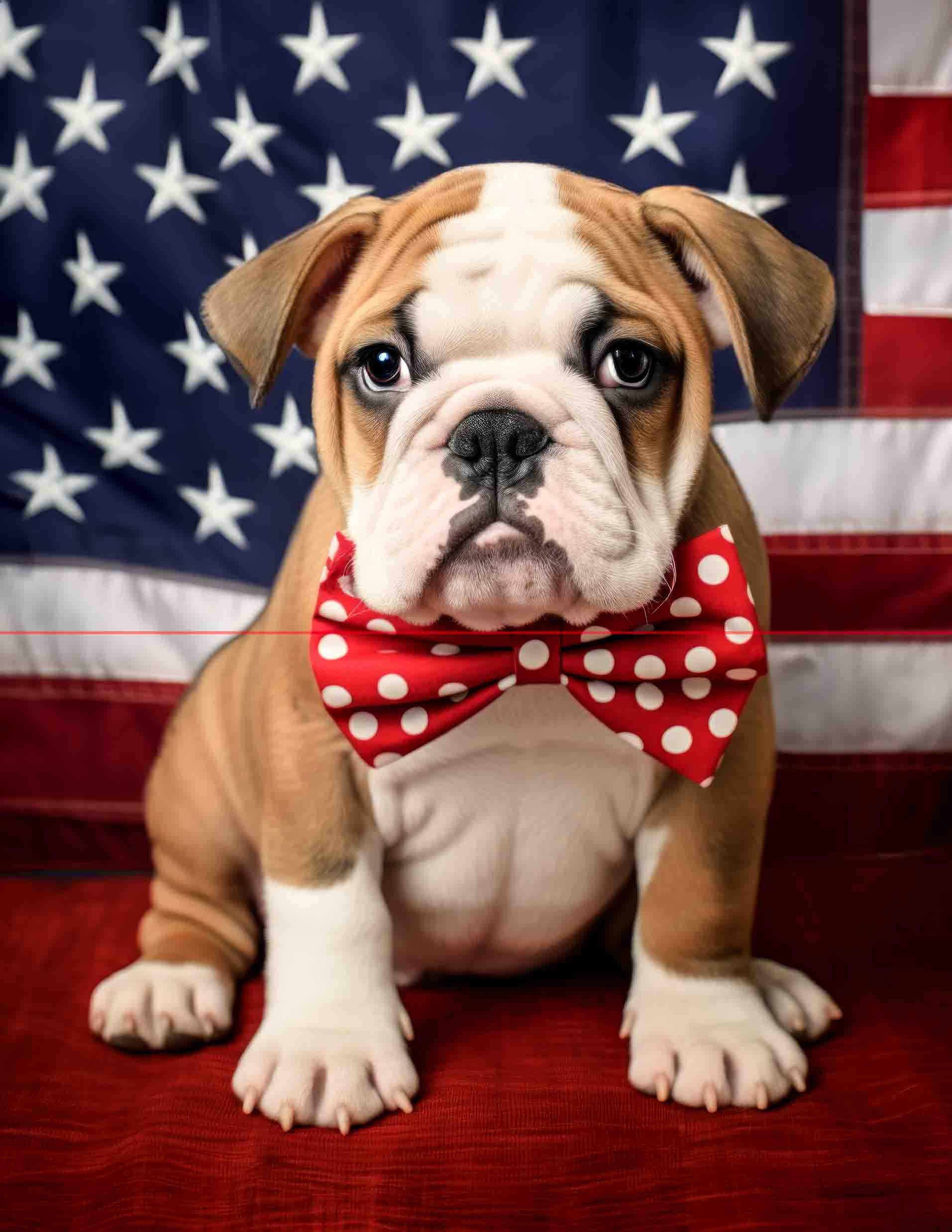 A cute english bulldog puppy sits in front of an american flag, wearing a large red bow tie with white polka dots. the puppy has a wrinkled, expressive face and looks directly at the viewer.