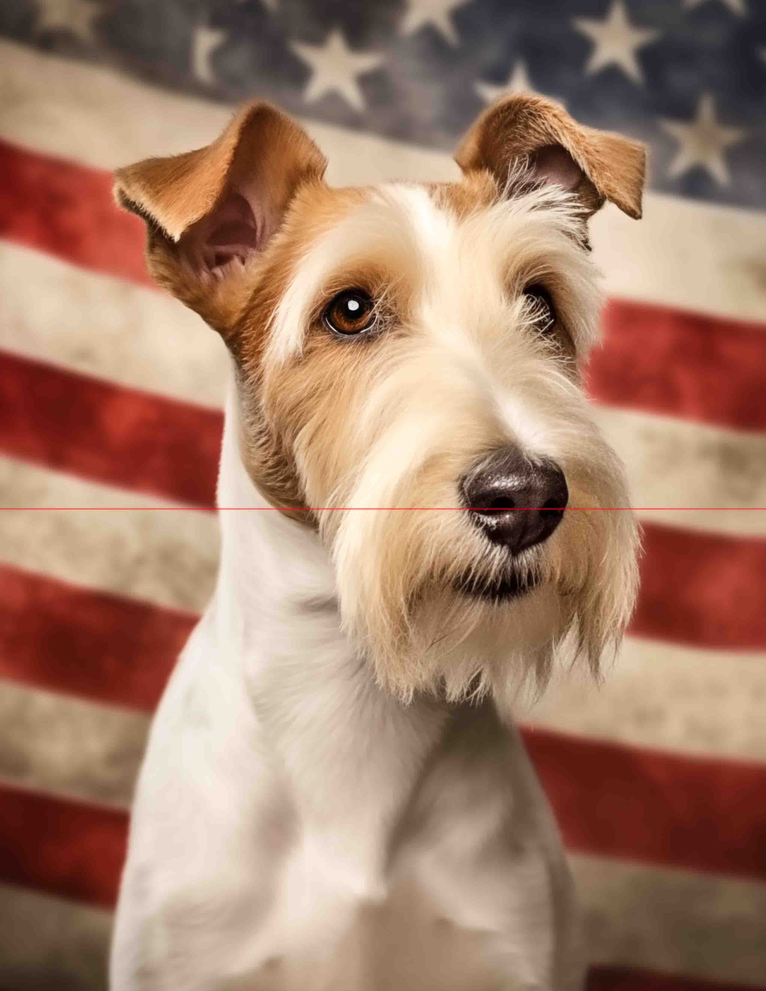 A portrait of a wire-haired fox terrier with alert expression, predominantly white with brown patches on its face, posed against an american flag with stars and stripes in the background.