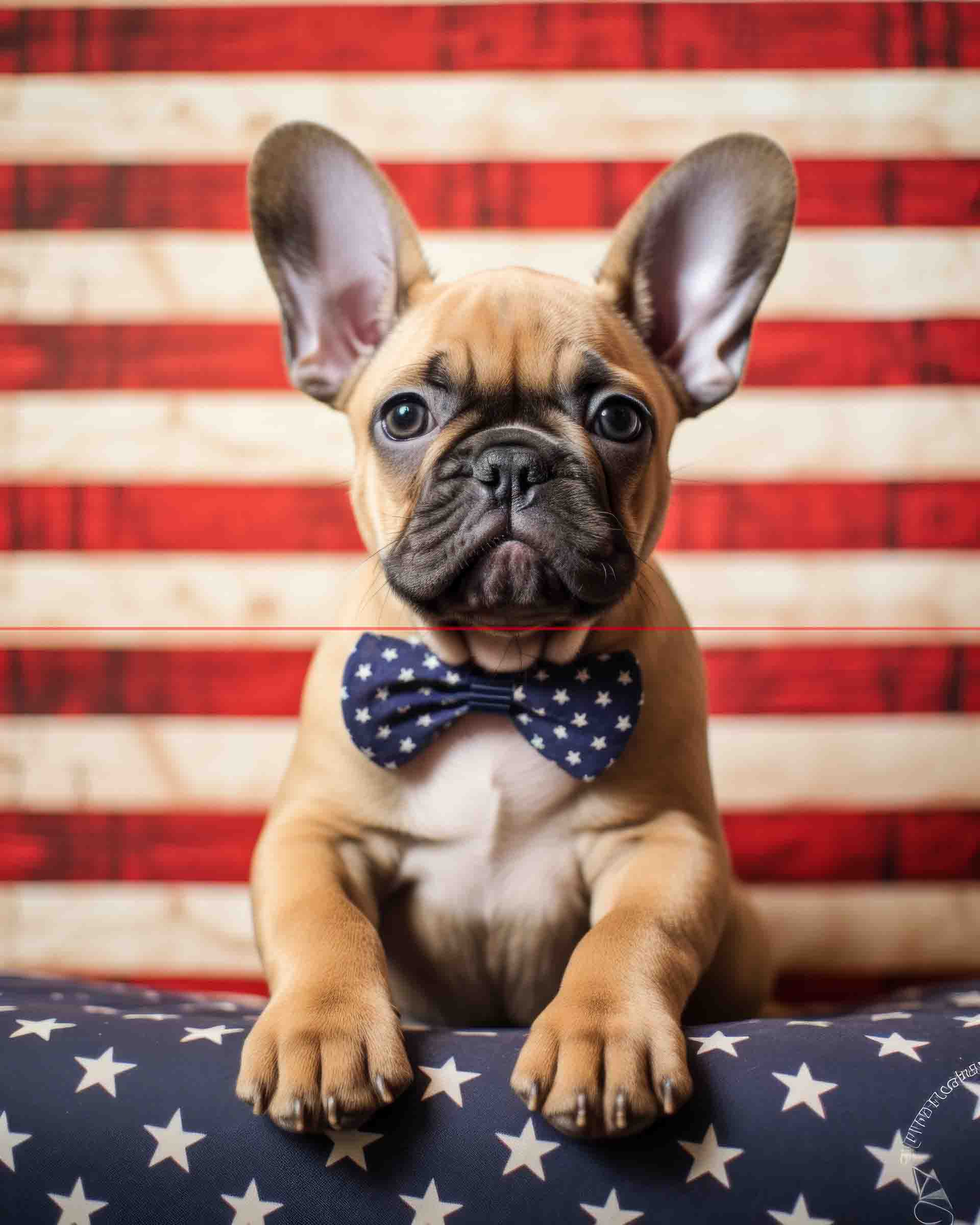 A fawn french bulldog puppy sits in front of an american flag, looking directly at the viewer with an attentive expression, showcasing large bat-like ears and a wrinkled face.