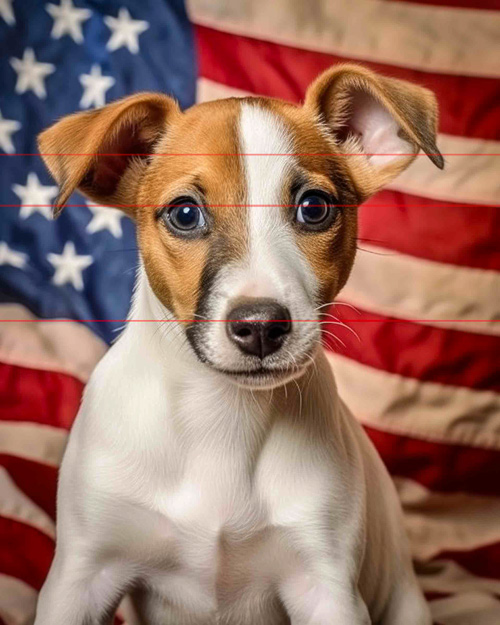 Jack Russell Terrier A small, alert dog with prominent ears and a brown and white coat sits in front of an out-of-focus american flag, looking curiously at the viewer.
