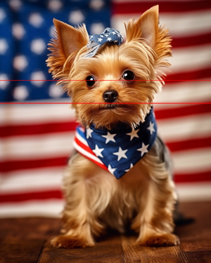 Yorkie: A small golden colored yorkshire terrier wearing a star-spangled bandana and matching bow, with a sweet hint of a smile is sitting in front of an american flag background