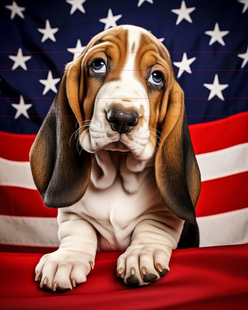 A basset hound with large soulful eyes poses in front of an american flag, showcasing its distinctive long droopy ears, saggy facial skin, and it's iconic precious expression, the flag provides a patriotic backdrop with its stars and stripes.