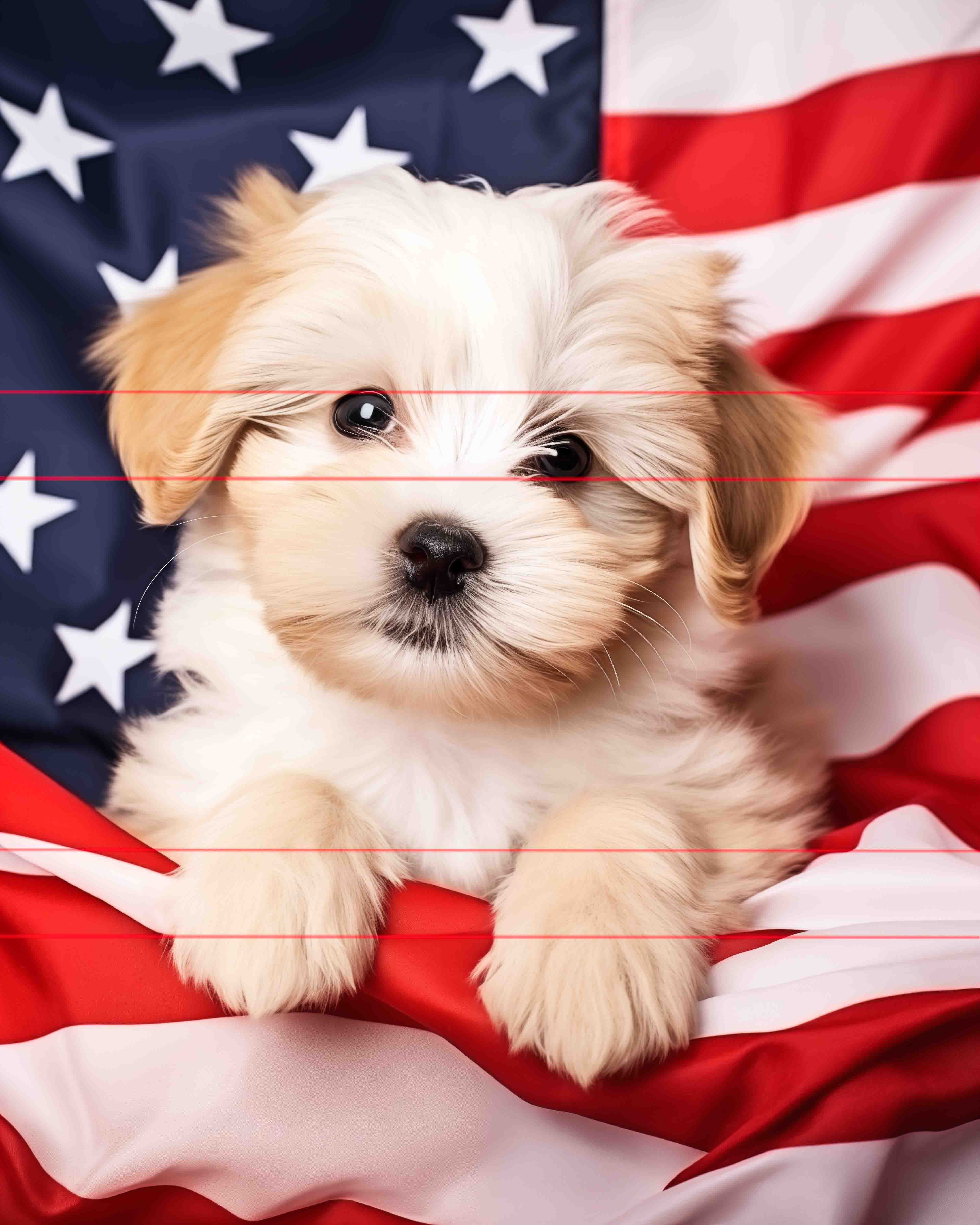 A small, fluffy Havanese with expressive eyes and long gray and black fur sits in front of an american flag, its sweet face looking directly towards the viewer.