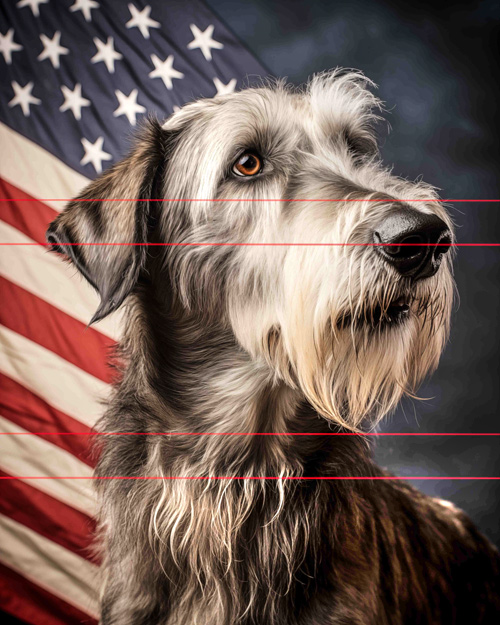 A close-up photo of a scruffy, large-eared Irish Wolfhound with amber eyes, sitting in front of an american flag, a coat mostly gray, as it gazes in the same direction of the flag