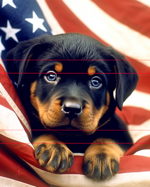 A cute rottweiler puppy with glossy fur, classic markings and large paws, peeks over an american flag draped as a backdrop which it appears to be laying on