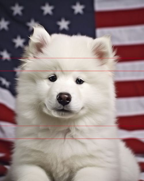 A fluffy white samoyed puppy sitting in front of an american flag, looking directly at the viewer with a gentle expression, the flag's stripes and stars provide a bold backdrop