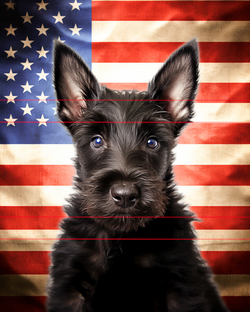 A black scottish terrier puppy sits in front of an american flag background, looking directly at the viewer with its ears perked up and a furry black coat.