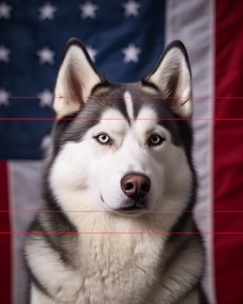 A striking siberian husky with piercing blue eyes and symmetrical black and white markings sits in front of a blurred american flag, looking directly at the viewer.