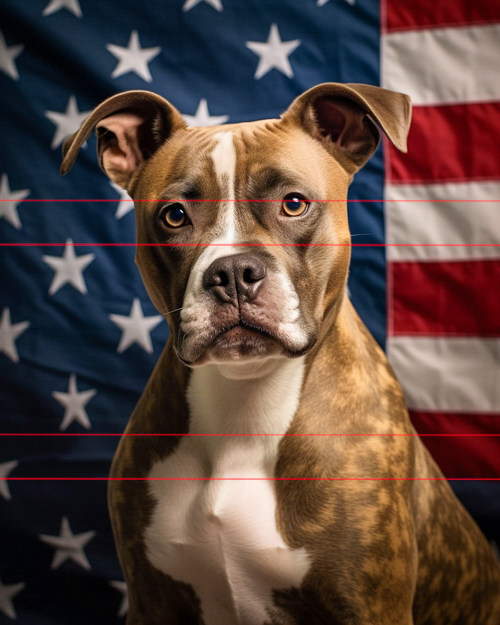 Staffordshire Bull Terrier, brindle-coated dog stands in front of an american flag, looking directly at the viewer with a focused, gentle expression, the flag's stars and stripes provide a patriotic background.