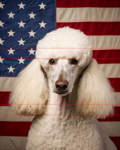 A white standard poodle sits in front of an american flag, looking directly at the viewer. the dogs fluffy ears and head blend with its voluminous white fur, contrasting with the red and white stripes and white stars on blue background of the flag.