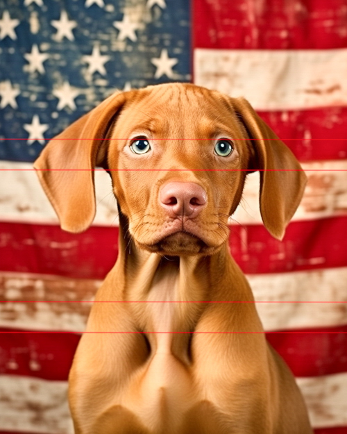 A Vizsla puppy with striking blue eyes sits in front of a weathered american flag background, looking directly at the viewer with a serious expression.