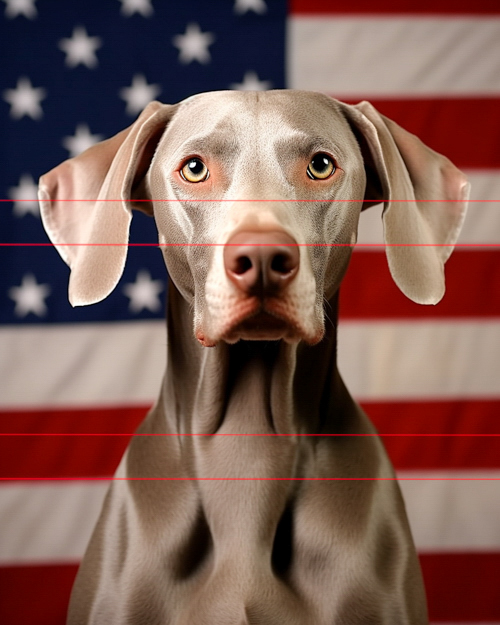 A picture of a weimaraner dog sits in front of an american flag, looking directly at the viewer with a focused expression. Its ears are naturally folded but lifted with attention and its smooth, gray shiny coat contrasts with the red, white, and blue backdrop.