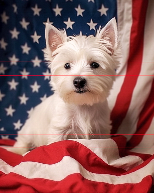 A small white west highland terrier sits in front of a wavy american flag, its sharp black eyes looking curiously towards the viewer, and its fluffy white fur contrasting strikingly with the bold red and blue colors of the flag.