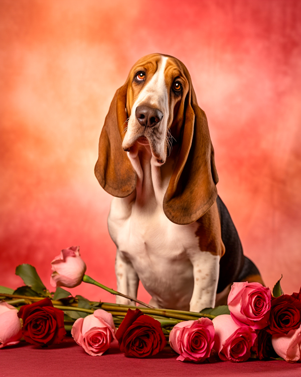 In this picture, an adorable basset hound sits gracefully amidst a colorful array of roses capturing the essence of love and affection in a delightful valentine's day setting.