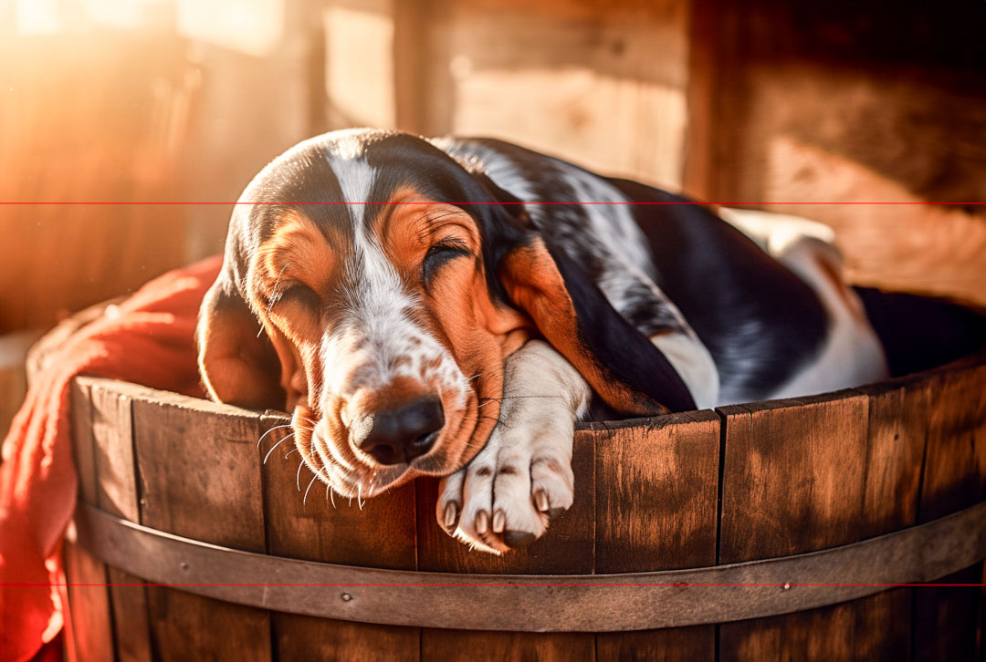 In this picture, a Basset Hound puppy with droopy ears and a saddleback coat of black, white, and brown is peacefully sleeping inside a wooden barrel his droopy head and paw in the forefront. The setting appears to be at a farm or hunting lodge, warm and cozy, with soft sunlight illuminating the tired puppy.