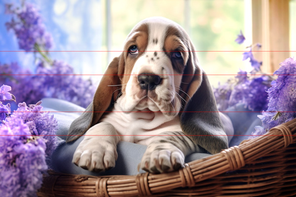 In this picture, a Basset Hound puppy with long droopy ears and eyes is sitting up in a wicker basket. Its all scrunched up emphasizing adorable skin folds in its face and neck with large front paws coming out in front.