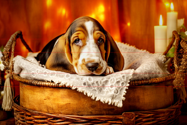 In this picture, a basset hound puppy lies in a woven basket lined with a cozy gray blanket. The background is warmly lit with glowing fairy lights and two white candles, creating a serene atmosphere. The puppy has droopy ears and expressive eyes, adding to its adorable and relaxed appearance.