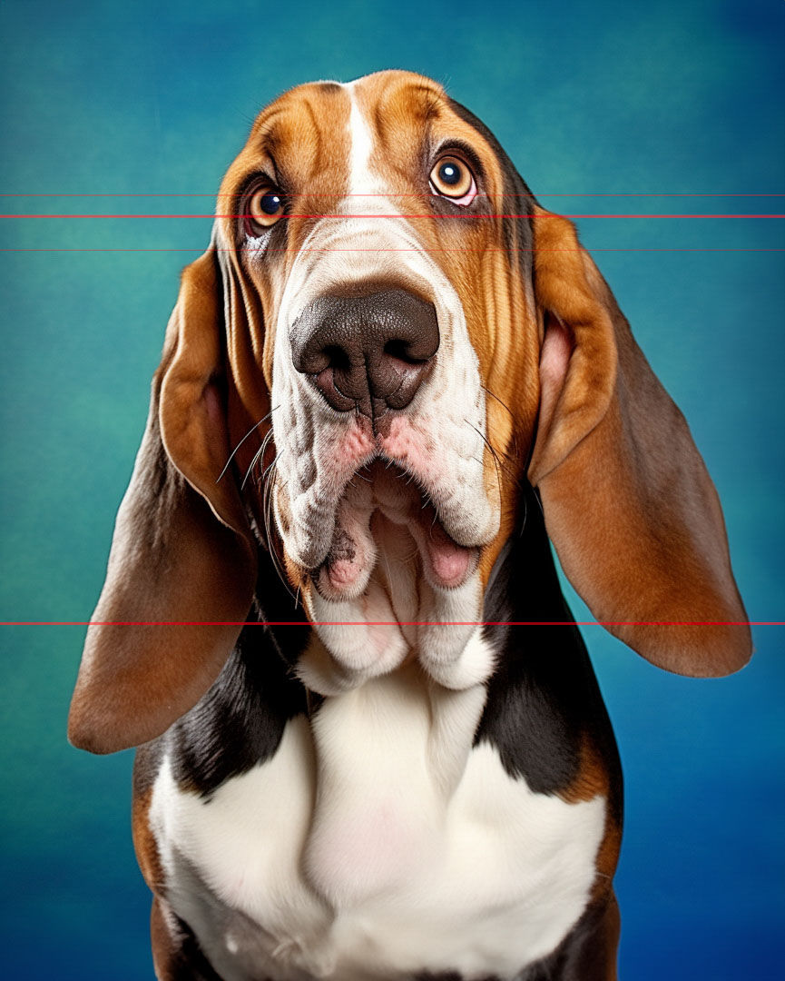 A close-up picture of a basset hound against a blue-green background. The dog’s large, droopy ears hang down, and it has a wrinkled forehead with beautiful large expressive eyes. Its coat is a mix of white, brown, and black markings.